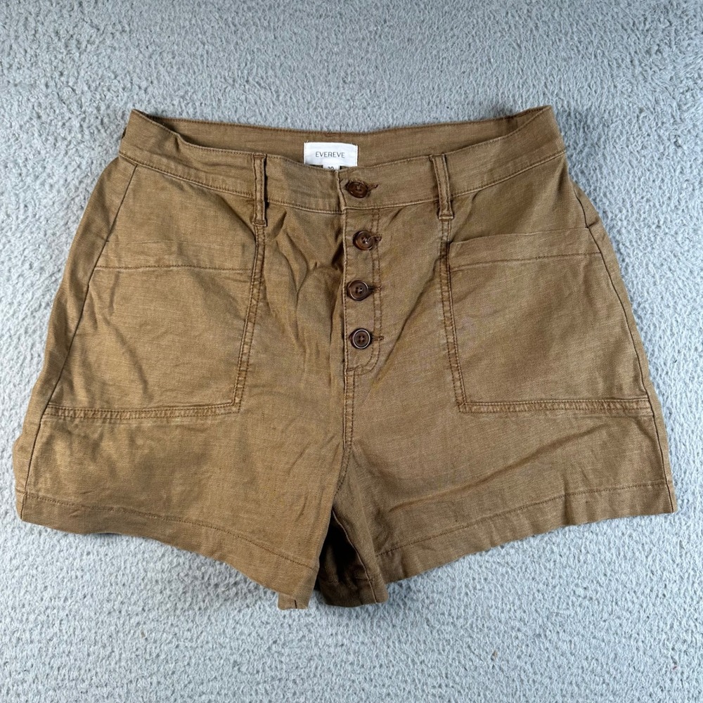 Evereve Joelle Linen Blend Button Fly Utility Shorts Brown High Rise Pockets 30